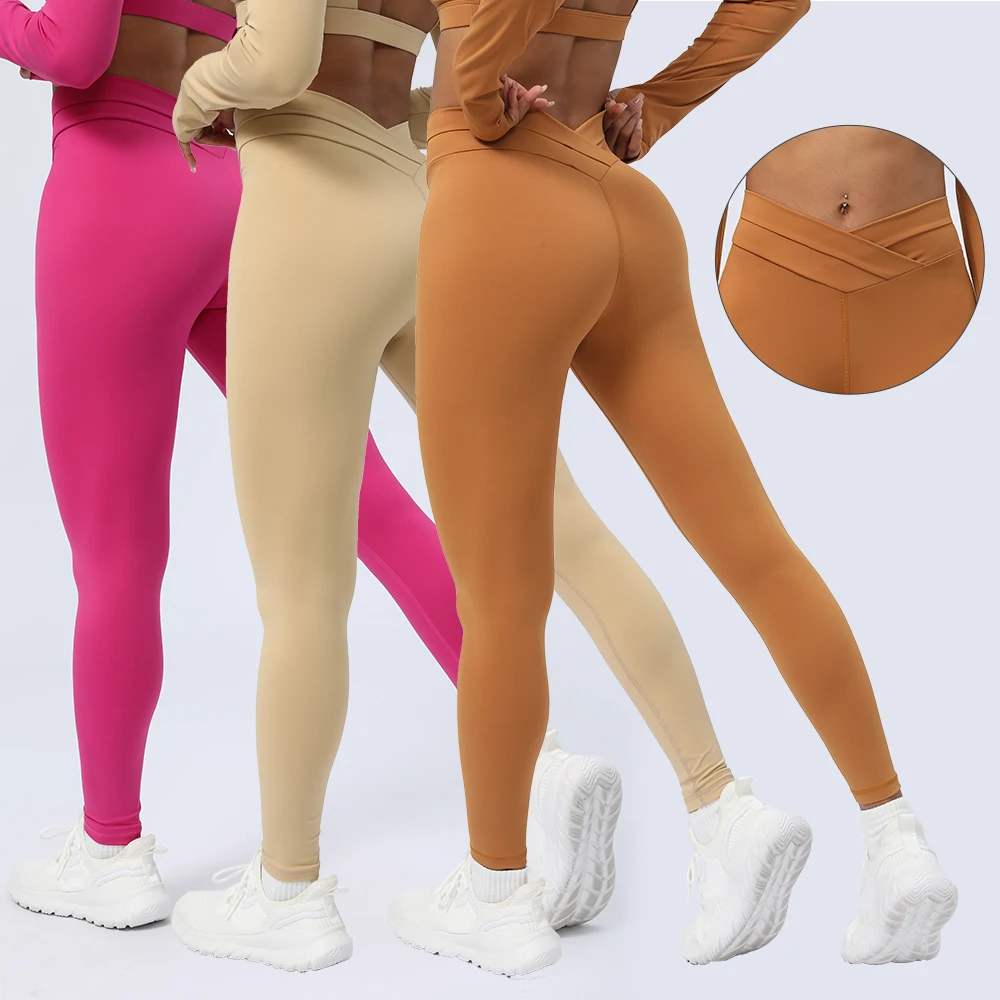 Wholesale Custom ODM/OEM  V Cross Waist Scrunch Butt Lift Women Yoga Sport Leggings Pant