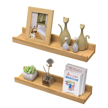 Set of 2 No Pouch Oak Solid Wood Floating Shelves Photos Display Wall Shelf for Home Wall Decor Single Wall Storage Rectangle