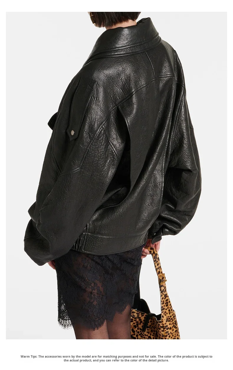 New Heavy Workmanship Goatskin Retro Unisex Button up Collar Solid Genuine Leather Motorcycle Jacket Autumn Women details