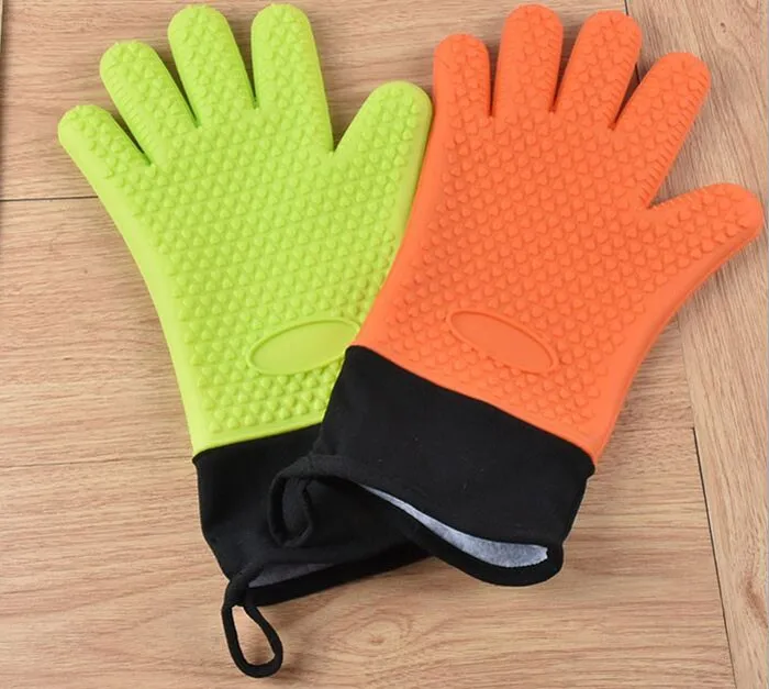 Hot Sale BBQ Grilling Oven Mitts Silicone Five Fingers Gloves with Cotton Lining