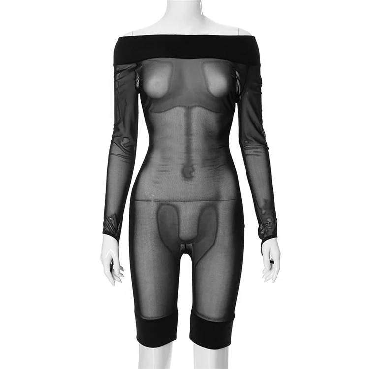 Black Sexy Mesh Short Jumpsuit For Women 2023 Fall Long Sleeve Bodycon Jumpsuit See Through Playsuit