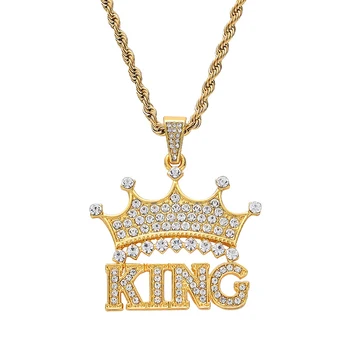 2022 Fashion Jewelry Full Diamond KING QUEEN Crown Necklace Hip Hop Gold Pendant Necklaces