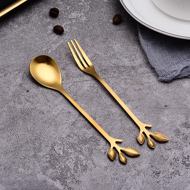 5 pcs Rose Gold Plated Stainless Steel Coffee Spoon with Leaf End 12 cm 4.7-Inch-length 
