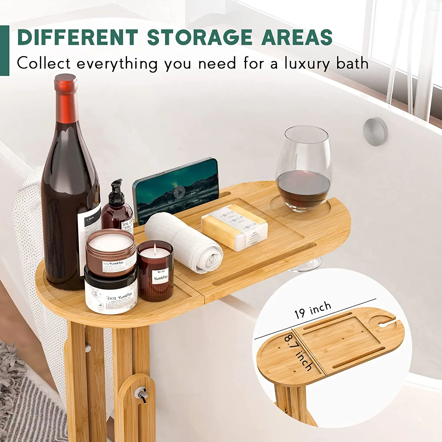 Luxury Extendable Bamboo Bathtub Caddy with Book and Wine Holder Organizer Soap Bamboo Bathtub Tray