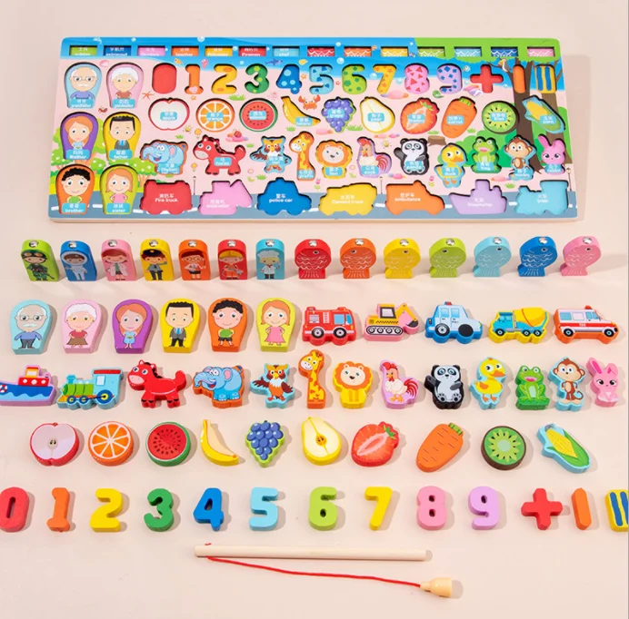 Wooden Children's 7-in-1 Multifunctional Fishing Fruit Animal Pairing Cognitive Logarithmic Board Wooden toys For Child