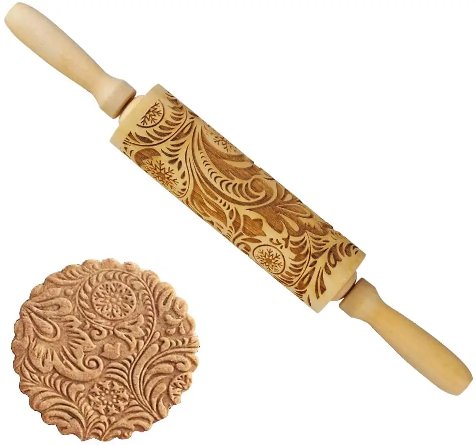 3D Wood Rolling Pin Embossing Baking Cookies Biscuit Fondant Christmas HOT SALE 