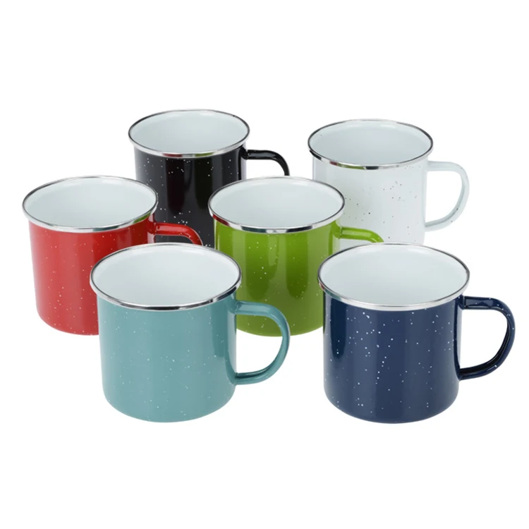 6 Enamel Mugs with Blue Rims 9cm 