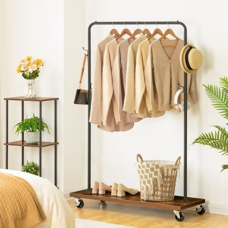 Wholesale Portable Clothes Hanger Rack Moveable Rolling Garment Rack Mobile Cloth Drying Stand on Wheels for Bedroom