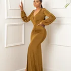 Evening Gown 2021 Newest Solid V-neck Long Sleeve Elegant Women Evening Long Maxi Dresses Gown