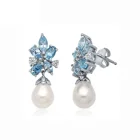 Topaz Lab Create Sterling Silver Blue Topaz Baroque Flower Shape Freshwater Pearl Drop Earrings