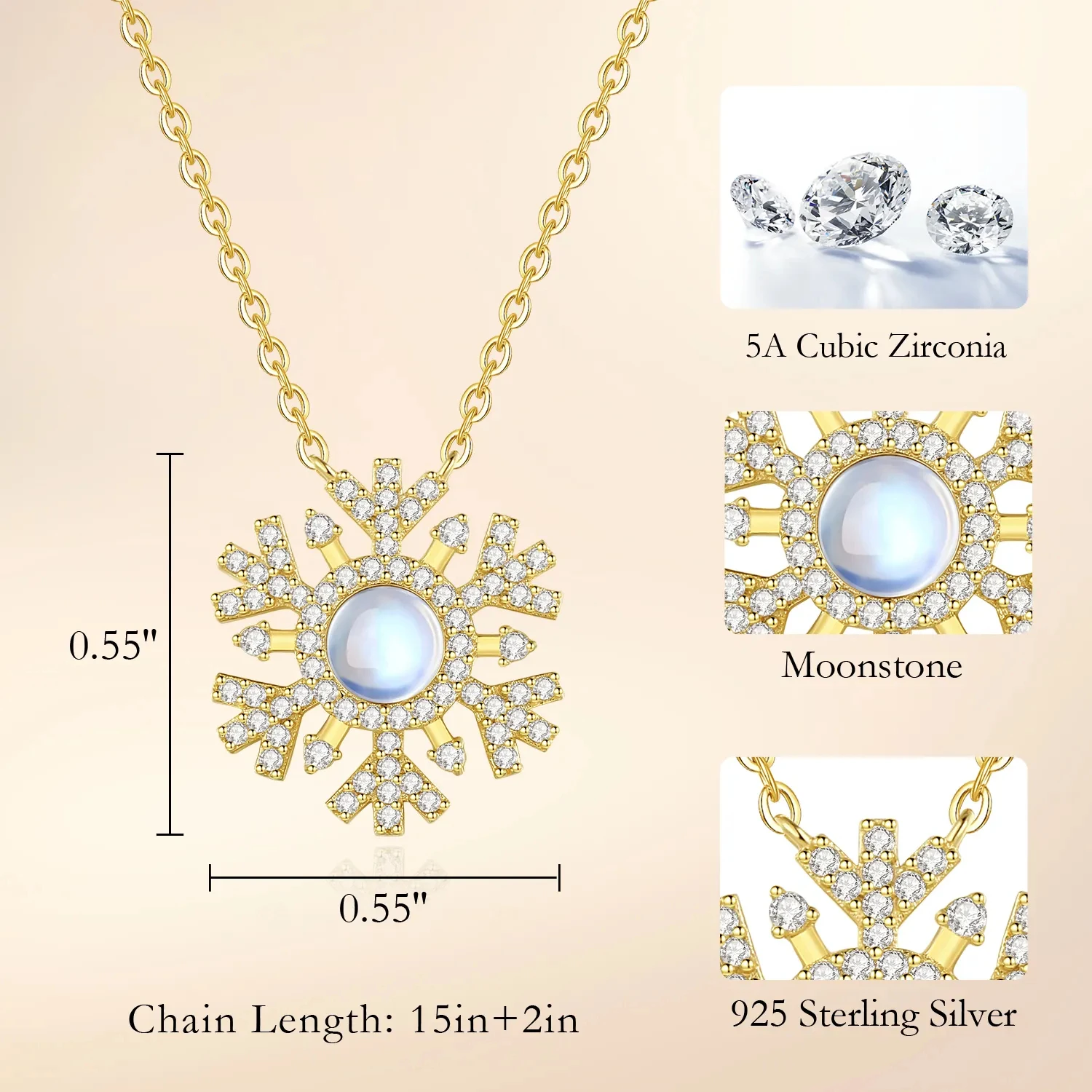 CDE V05987 Fine 925 Sterling Silver Gold Plated Jewelry Tennis Pendant Necklace Wholesale Moonstone Snow Christmas Gift