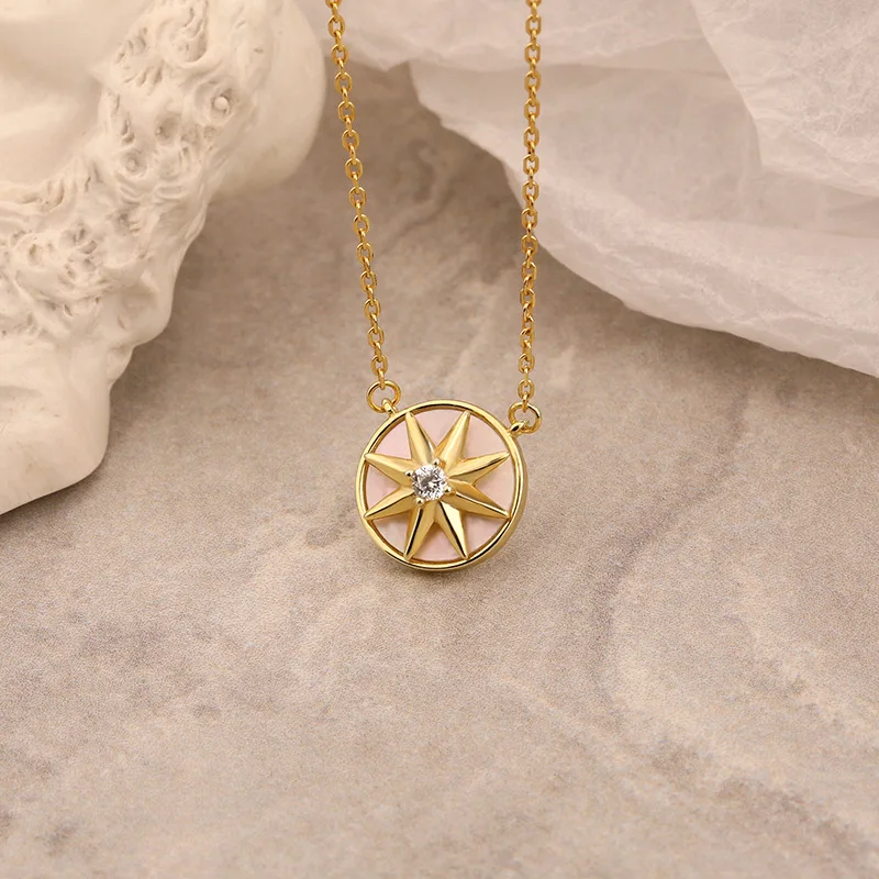Gold plated necklace jewelry 925 sterling silver zircon diamond chain necklace eight-pointed star rotating necklace