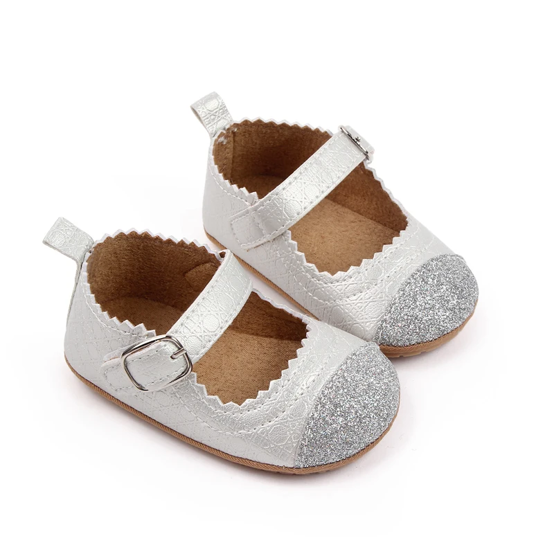 product shiny glitter pu leather matching color solid color wavy lace princess toddler shoes for baby girls-4