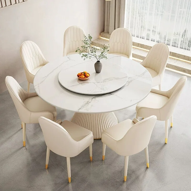 Light Luxury Rock Slab Dinning Table Set For 6 With Turntable Household Round Carbon Steel Restaurant Hotel Dining Table Set