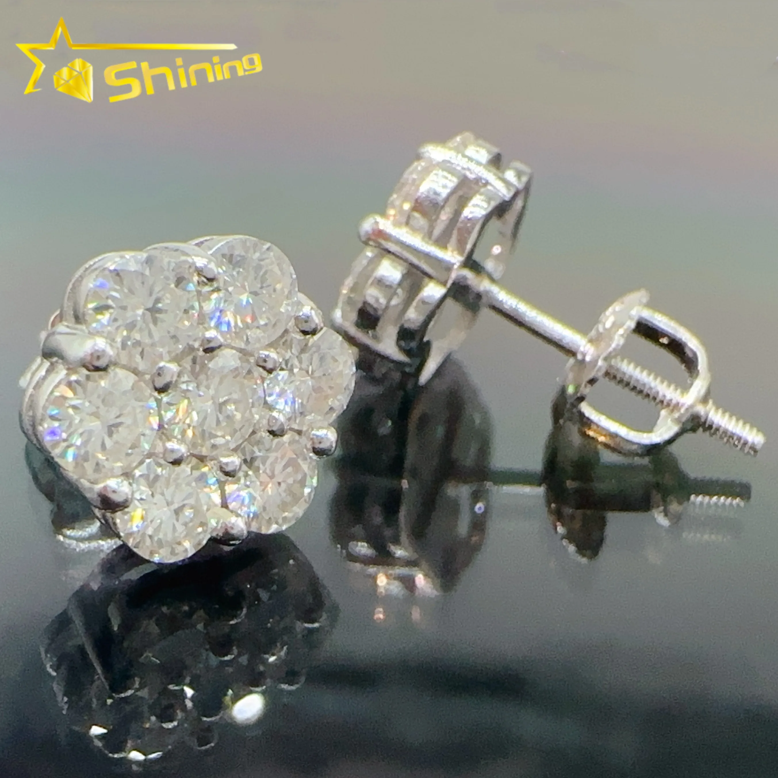 Iced Out Cluster Lab Diamond Earrings Screw Back Silver Flower Vvs