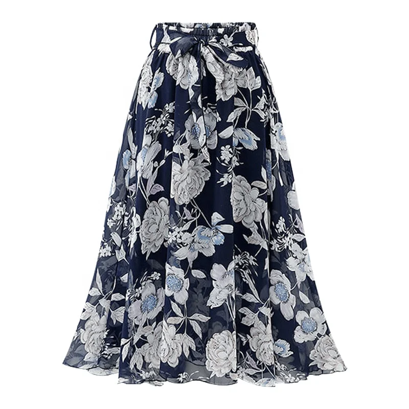 Women Tutu Tulle Skirt Elastic High Waist Layered Skirt Floral Print Mesh A-Line Midi Skirt