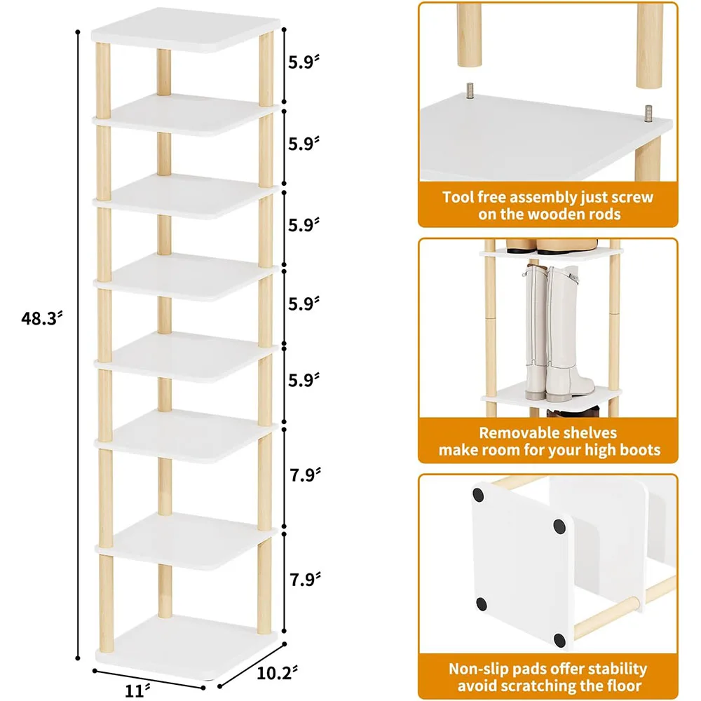 8-Tier Vertical Shoe Rack Modern Design Tall Narrow Freestanding Wooden Shoe Organizer for Entryway Closet Living Room Furniture details