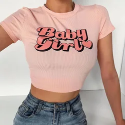 Graphic Designer Short Sleeves Round O Neck Customized Baby Girl Y2K Cropped Tops Pink Sweet T Shirt Custom Crop Tee