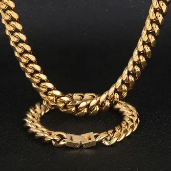 12mm Hip Hop Cuban Link Chain Necklace 18k Men Gold Plated Stainless Steel Cuban Link Chains