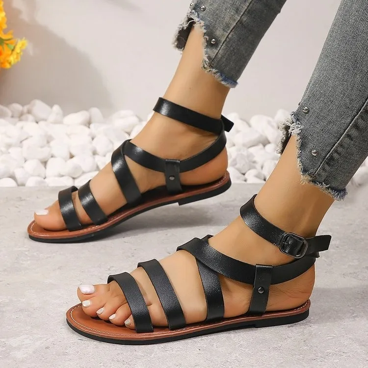 Sandals Plus size Romanesque flat sandals women's cross-strap beach shoes