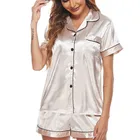 Pajamas Homewear Pajamas Women's Artificial Silk Suit Short Sleeve Shorts Satin Pajamas Set Sleepwear