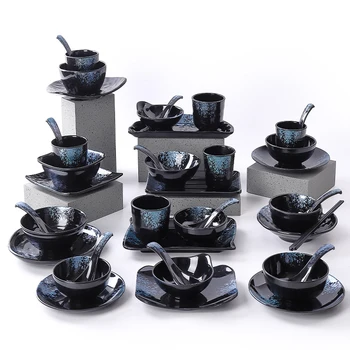 Customized Logo/logo Hotel Supplies Japanese Melane Dinnerware Plastic Bowls Set Plates Sets Dinnerware Eco Friendly Black