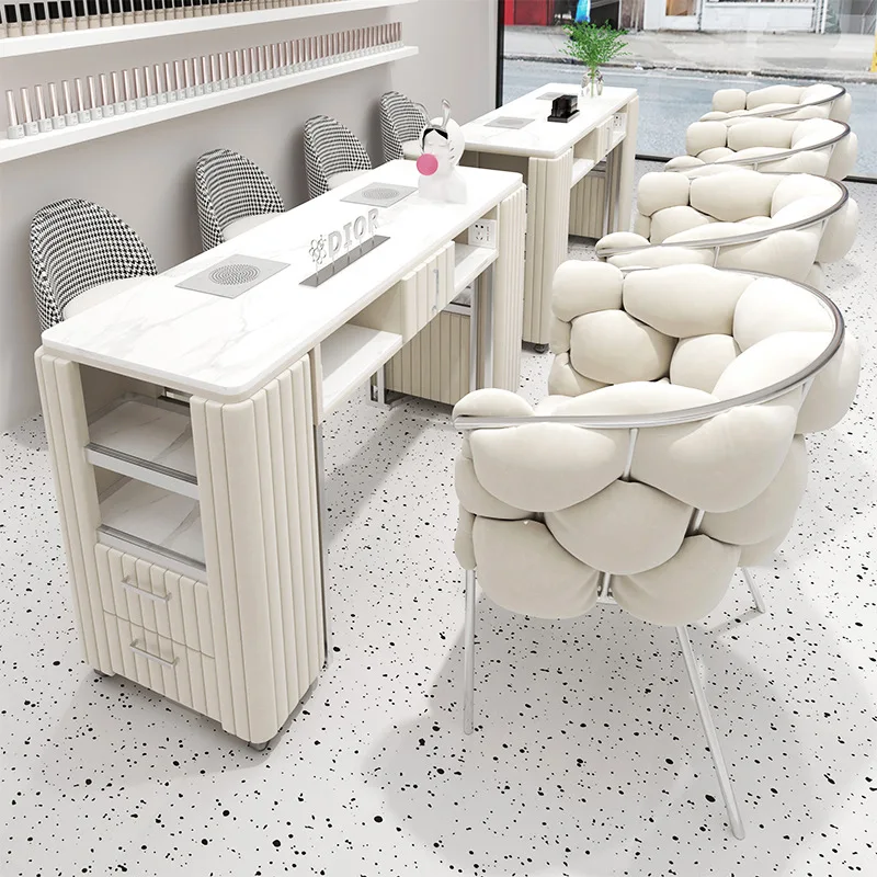 Cream Wind Manicure Table and Chair Set with Built-in Vacuum Cleaner Socket Manicure Table Light Steel Luxury Brand New Metal