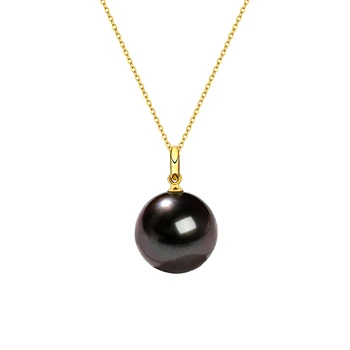 Women's Luxury 18K Gold Chain Necklace with Natural 12-13mm Black Tahitian Pearl Pendant Wholesale Free Shipping