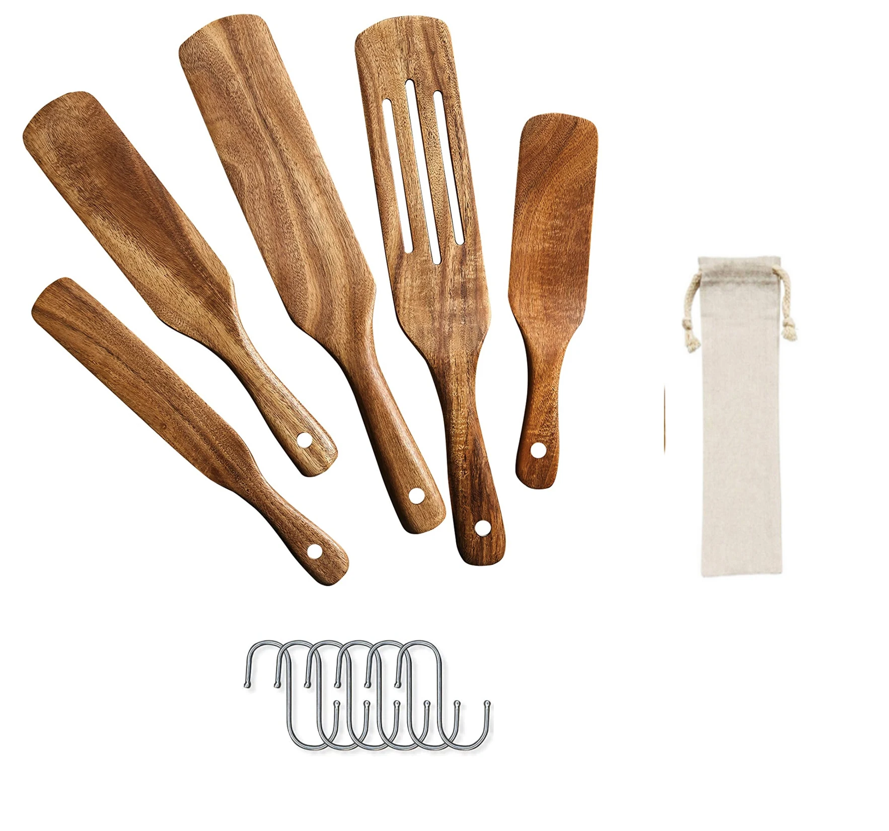Wooden Spurtles Set of 4, Non-Stick Utensils Tools Durable Natural Wood Slotted Stirring Spatula Kitchen Cookware For Cooking