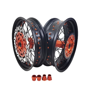 New Product Dirt Bike Supermoto WheelSet Of KTM Black Rims Orange Hubs Black Spokes