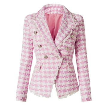 Newest 2022 Fall Winter Designer Jacket Women's Lion Buttons Tassel Fringed Houndstooth Blends Tweed Blazer Double Breasted Pink