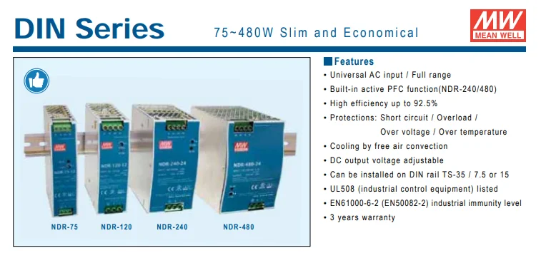 Mean Well NDR-240-48 48V 5A DIN RAIL Power Supply For Industrial Control
