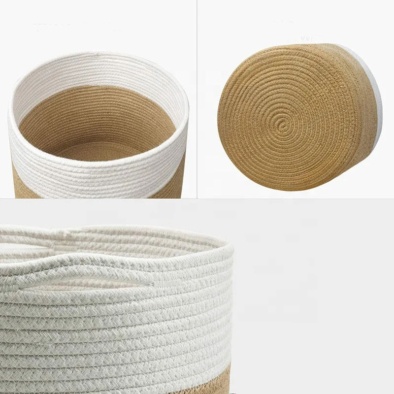 Wholesale Foldable large cotton rope plant basket with indoor woven storage organizer with handles home decor