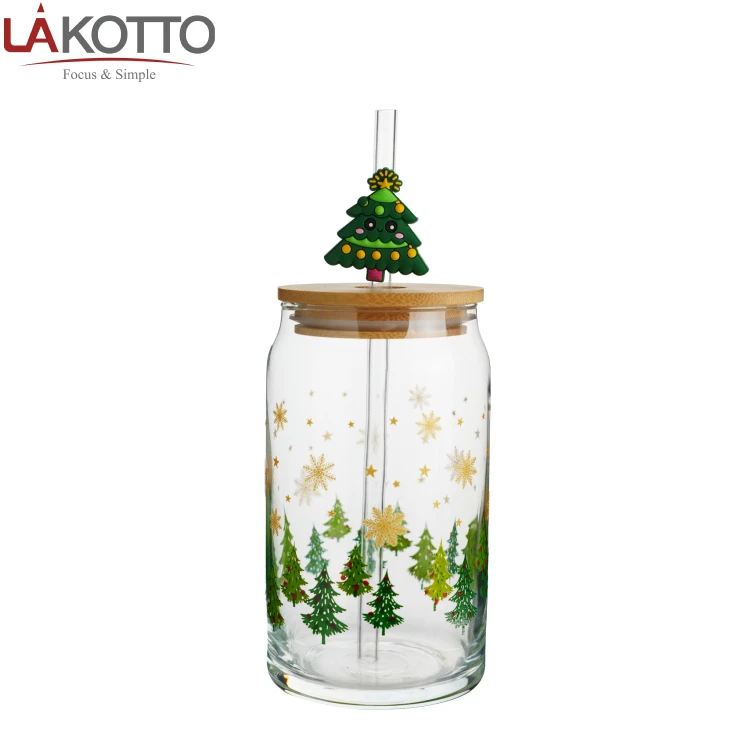 2024 new hot 12oz 14oz 16oz Christmas glass tumbler factory price glass drink cup clear glass can with straw and decal