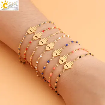 CSJA wholesale fashion jewelry 18k gold plated fatima hamsa hand stainless steel chain bracelets for women S416