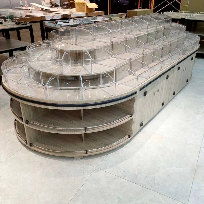 Meicheng Wholesale Commercial Snack Display Stand Wood Bulk Food Displays Customized Nuts Grains Racks Candy Rack Display