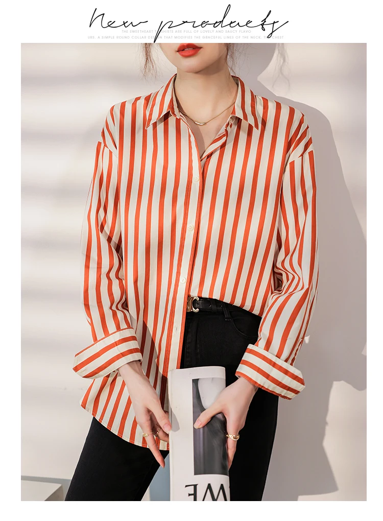 Profession Office Printing Striped Single Breasted Blouse Women New Long Sleeve Turn Down Collar 