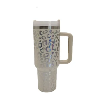 Stocked 40 OZ H2.0 Leopard Print Thermal transfer Reusable Outdoor Portable Sport Stainless Steel Tumbler with Handle