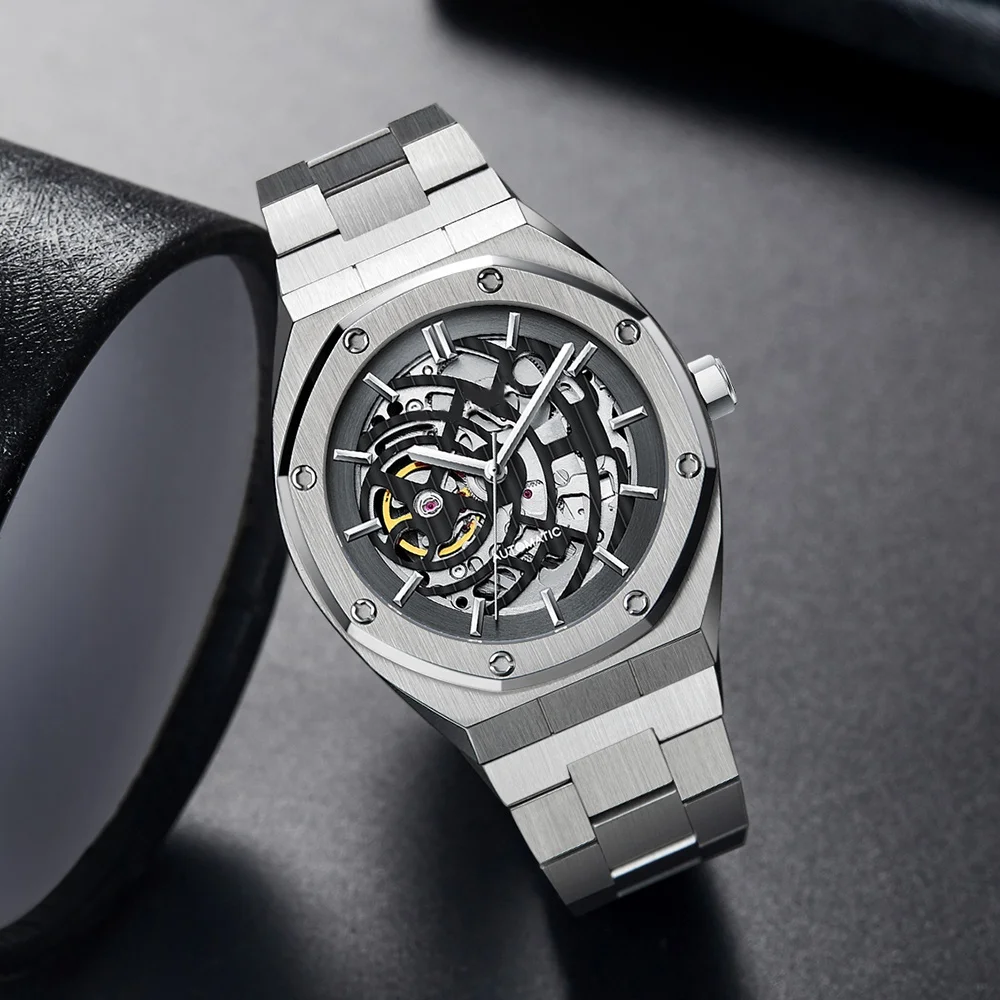 Unique Designer Automatic Watches Mens Brand Sapphire Crystal Glass Stainless Steel Mechanical Watch