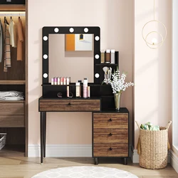Tribesigns with Led Lights Mirror Vanity Desk, Makeup Dressing Table with Drawers, Dresser Table for Makeup Vanity Desk