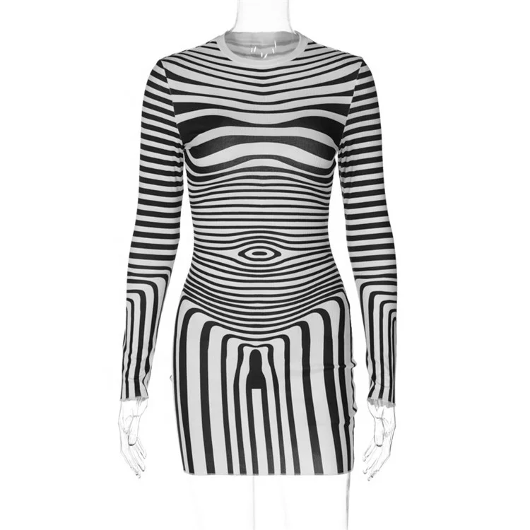 Striped Long Sleeve O-Neck Mini Dress Sexy Y2K Streetwear Body-Shaping Bodycon Birthday Party Dress
