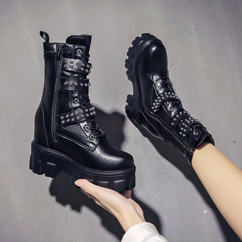 Winter Women Chunky Ankle Boots Platform Boots Fashion Women's 11cm Super High Wedge Gladiator Boot Brand Shoes Woman Black