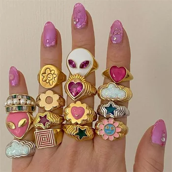 Hot Sale 18k Gold Plated Cute Lovely Pink Pinky Colorful Enamel Smile Star Heart Alien Face Full Finger Band Ring For Women