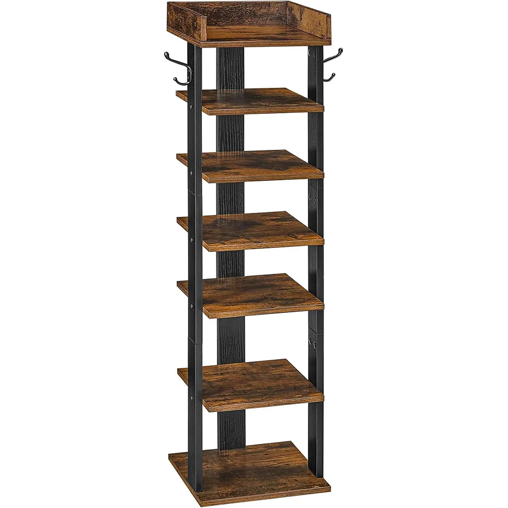 7 Tier Rustic Brown Wooden Vertical Shoe Rack Modern Design Narrow Space-Saving Shoe Tower for Bedroom & Living Room details