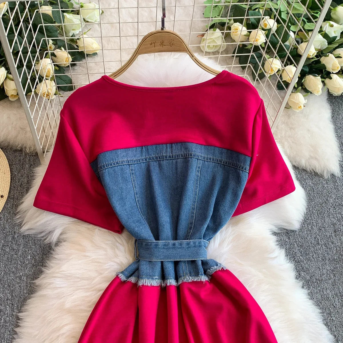 Denim Patchwork Knitted Short Sleeve Summer Anti-static High Waist Slimming Mid-length Skirt Dress for Women supplier