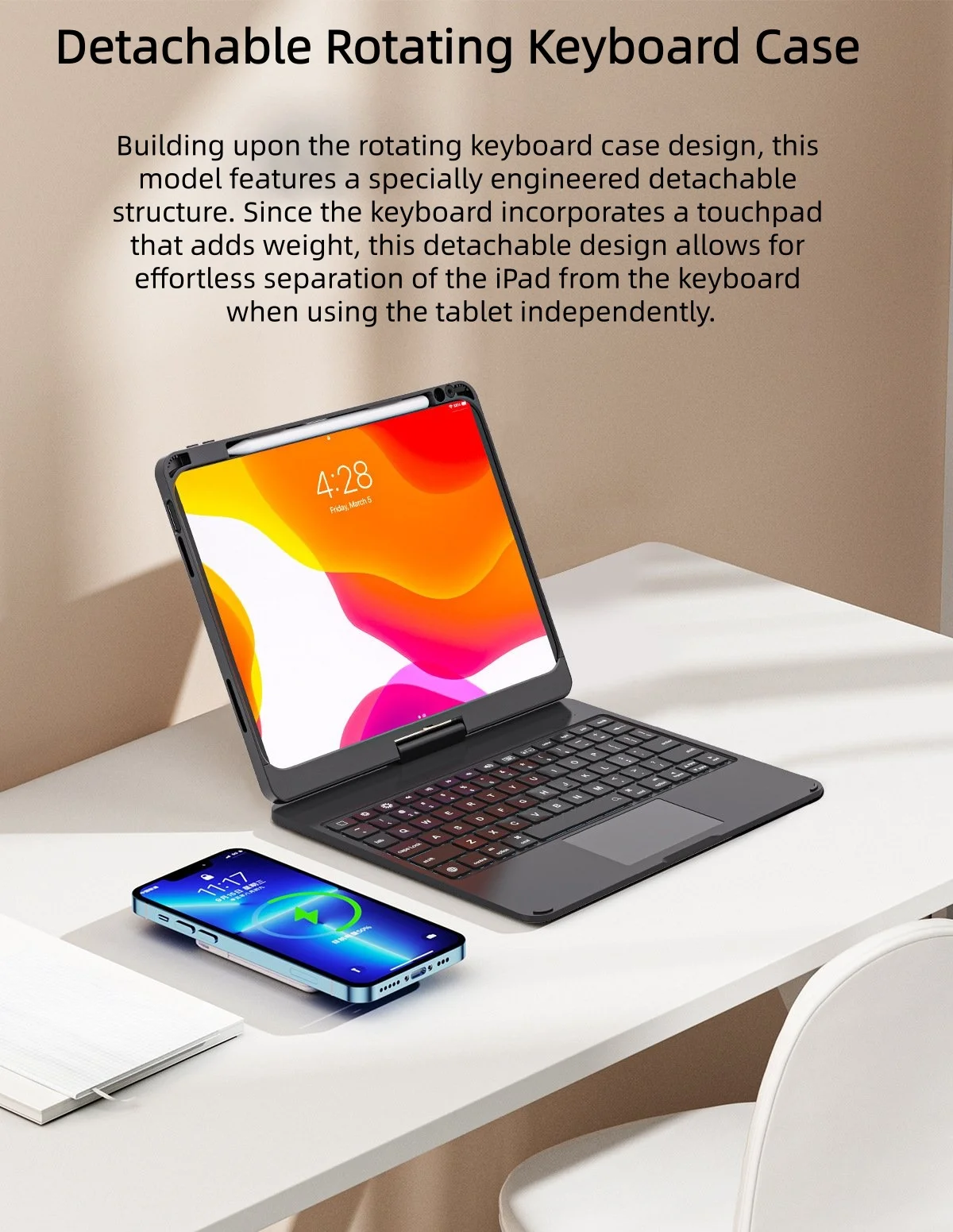 product magic keyboard case transparent rotating backlit detachable hidden pen slot bluetooth connectivity type c charging 11 laudtec-1