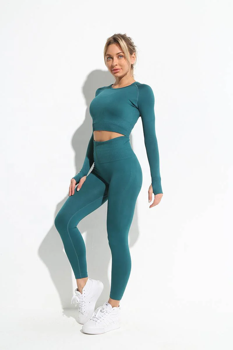 Seamless Ribbed Long Sleeve Top Tank Quick Dry Workout Sets For Women 2-Piece High Waist Yoga Set