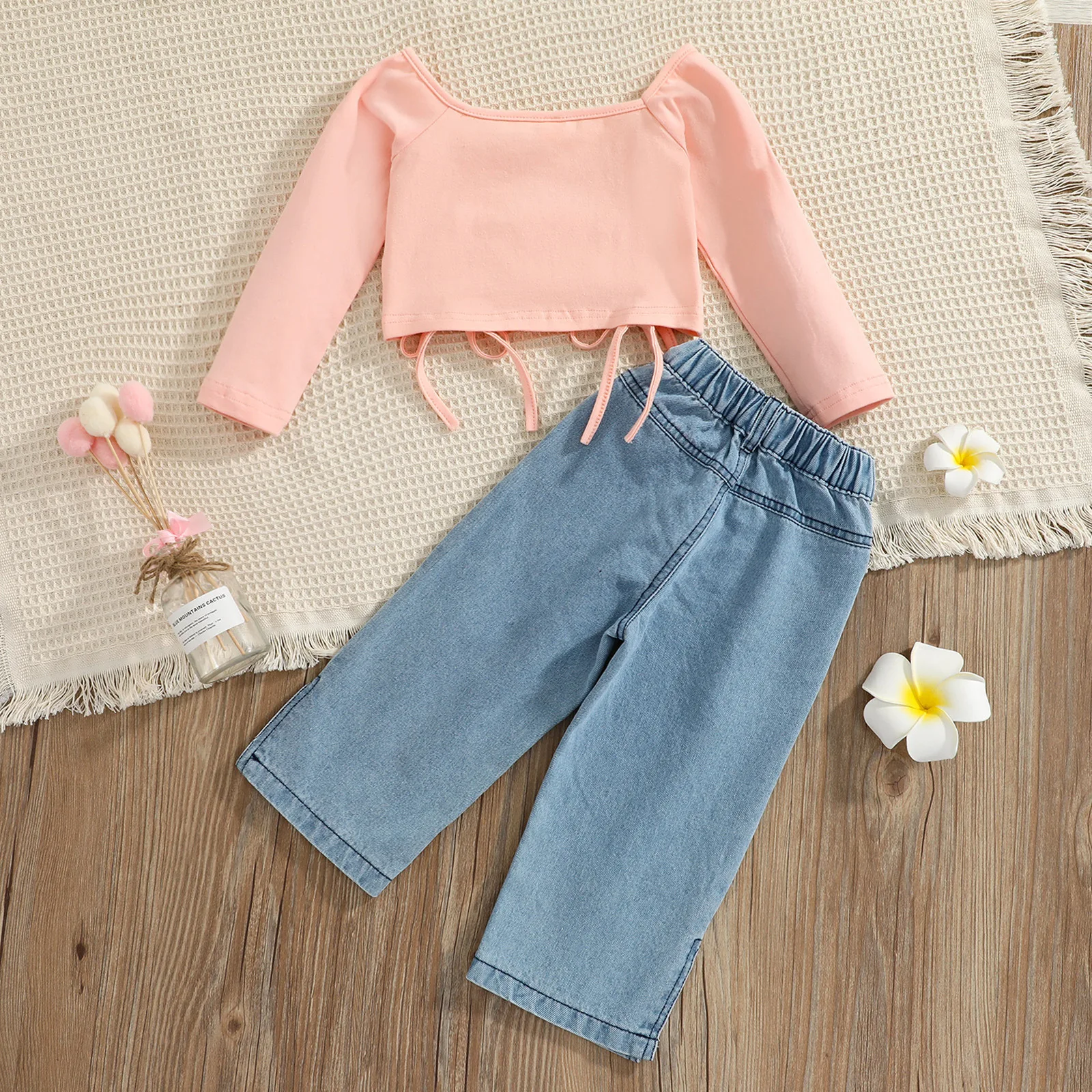 Wholesale Spring  3 To 8Years Pink Pure Cotton Long-sleeve Top Wide-leg Denim Trousers Baby Girls' Clothing Sets