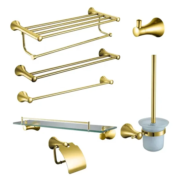 Bathroom Accessories Set Brass Material Gold Bath Chrome Includes Towel Rack Paper Holder Toilet Brush Holder Cloths Hooks