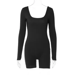 Solid color rib U-neck long sleeve slim-fit hip lift sports woman bodysuit ladies casual jumpsuits for women sexy